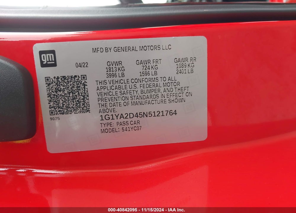 2022 CHEVROLET CORVETTE STINGRAY RWD 1LT VIN: 1G1YA2D45N5121764