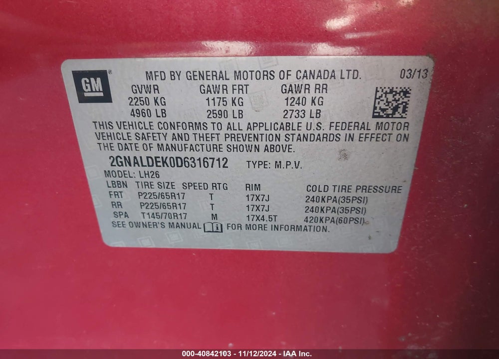 2013 CHEVROLET EQUINOX 1LT VIN: 2GNALDEK0D6316712