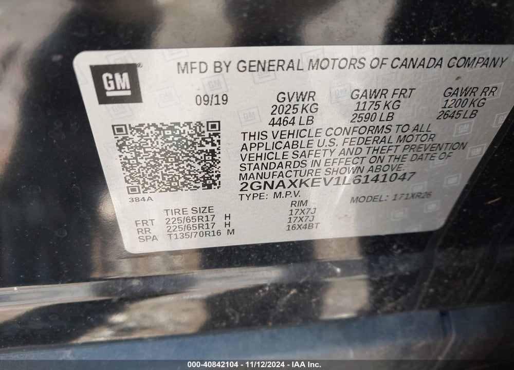 2020 CHEVROLET EQUINOX FWD LT 1.5L TURBO VIN: 2GNAXKEV1L6141047