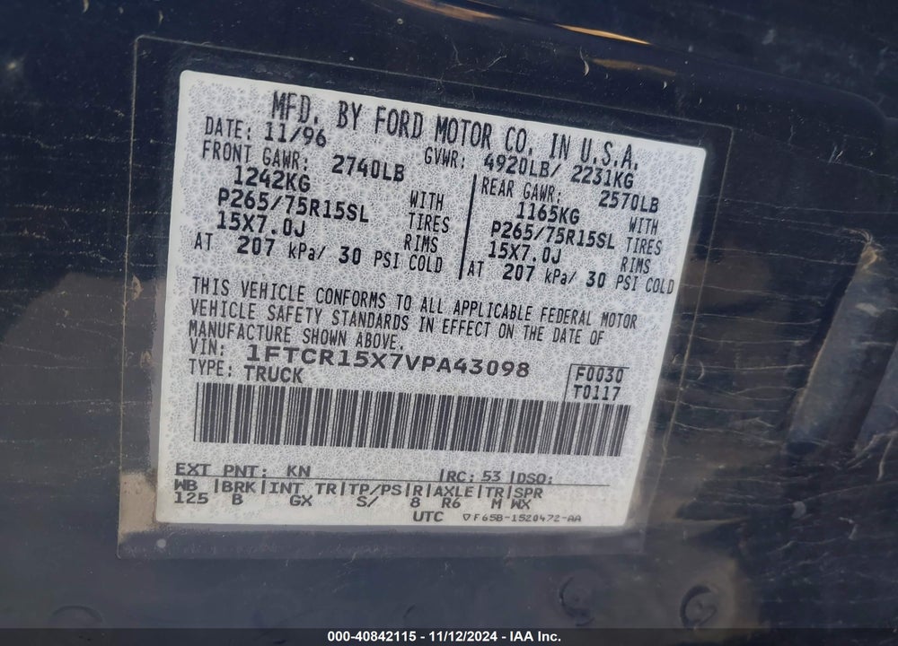 1997 FORD RANGER VIN: 1FTCR15X7VPA43098