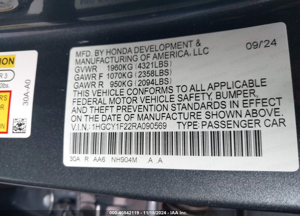 2024 HONDA ACCORD LX VIN: 1HGCY1F22RA090569