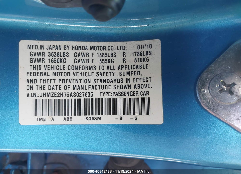 2010 HONDA INSIGHT EX VIN: JHMZE2H75AS027835