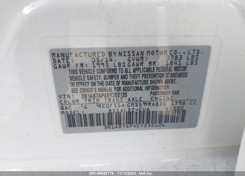 2014 NISSAN SENTRA FE+ S/FE+ SV/S/SL/SR/SV VIN: 3N1AB7AP4EY252126