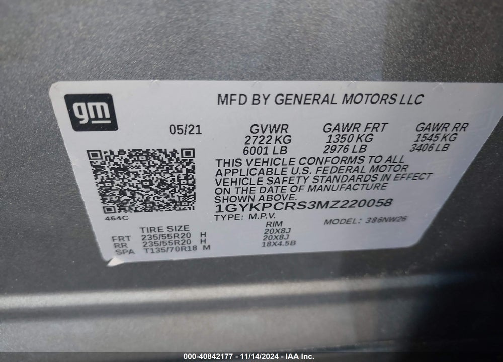 2021 CADILLAC XT6 VIN: 1GYKPCRS3MZ220058