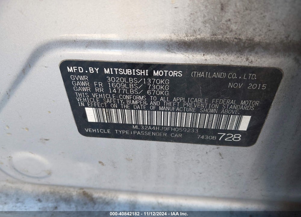 2015 MITSUBISHI MIRAGE VIN: ML32A4HJ9FH059233