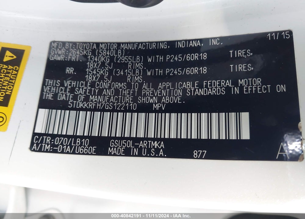 2016 TOYOTA HIGHLANDER XLE V6 VIN: 5TDKKRFH7GS122110