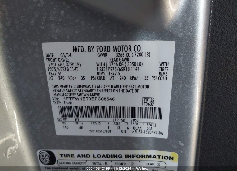 2014 FORD F-150 LARIAT VIN: 1FTFW1ET0EFC08546