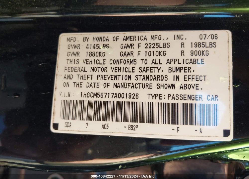 2007 HONDA ACCORD 2.4 EX VIN: 1HGCM56717A001926