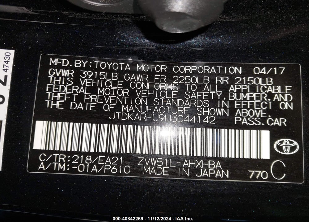 2017 TOYOTA PRIUS THREE TOURING VIN: JTDKARFU9H3044142