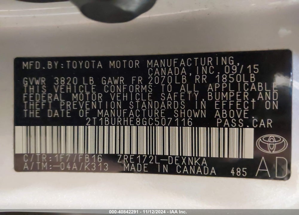 2016 TOYOTA COROLLA LE PLUS VIN: 2T1BURHE8GC507116