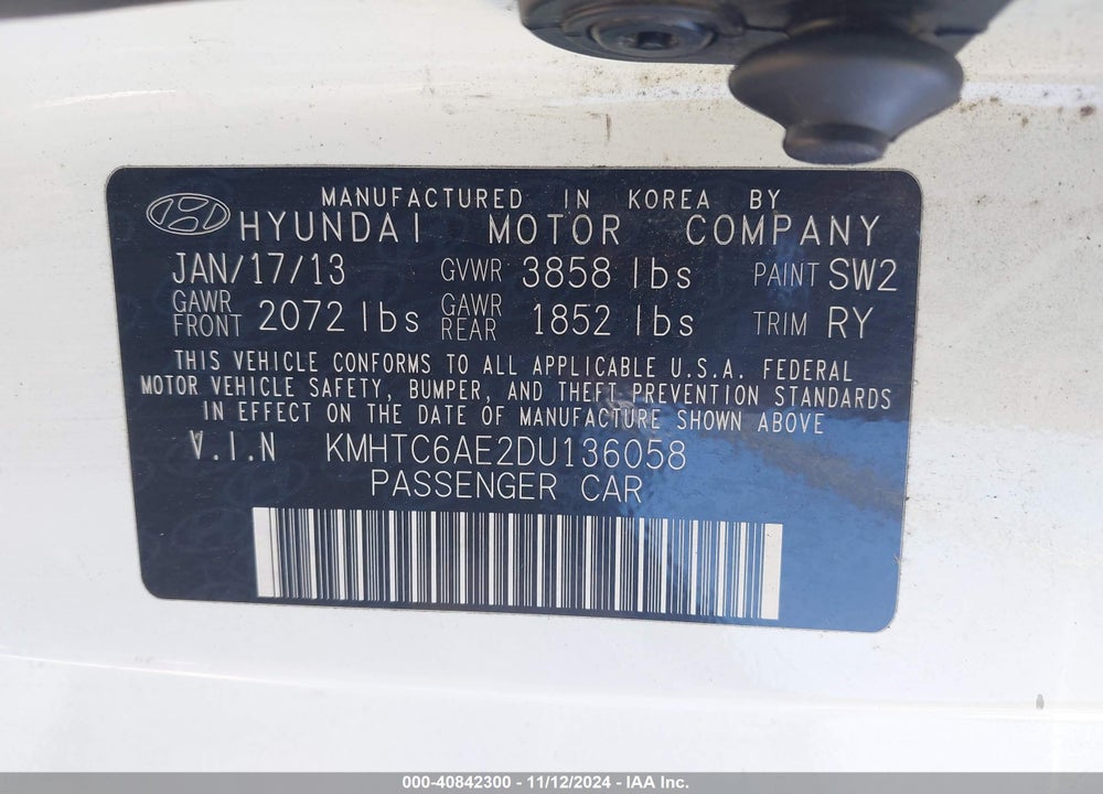 2013 HYUNDAI VELOSTER TURBO W/BLUE VIN: KMHTC6AE2DU136058