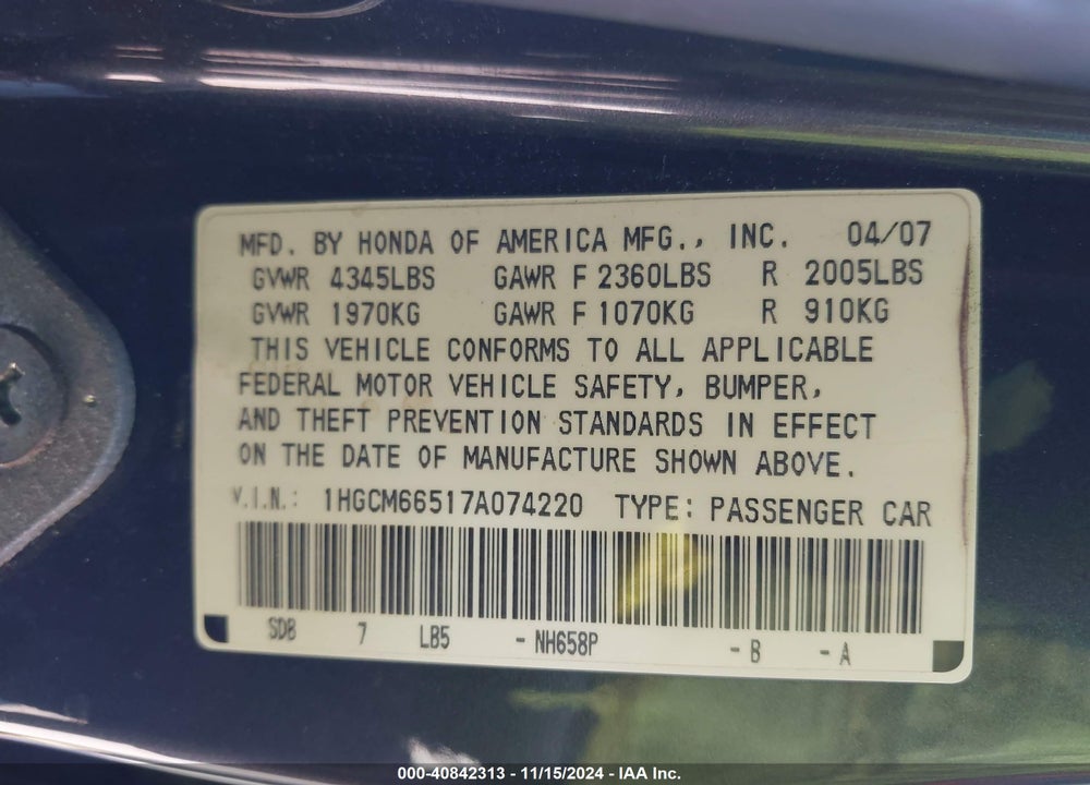 2007 HONDA ACCORD 3.0 EX VIN: 1HGCM66517A074220