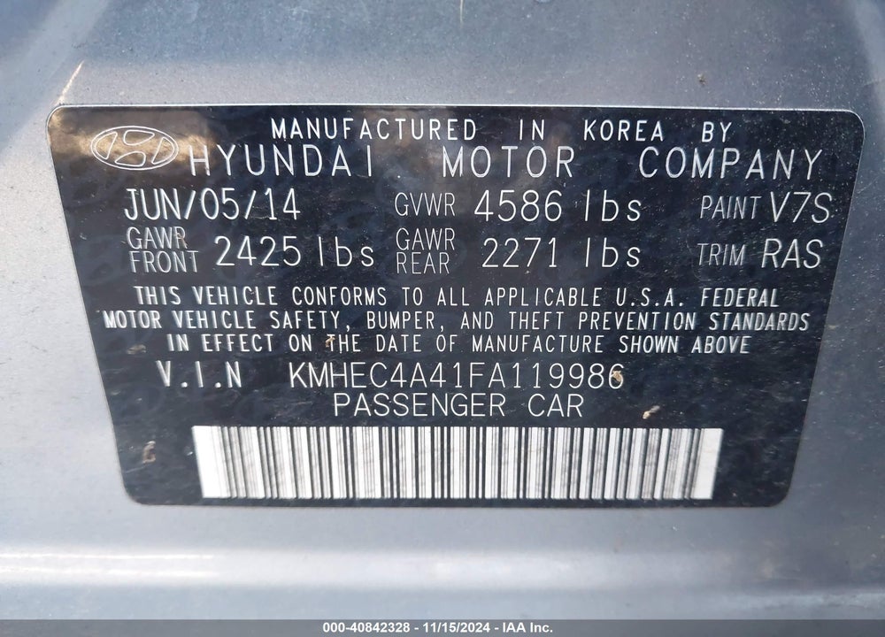2015 HYUNDAI SONATA HYBRID VIN: KMHEC4A41FA119986