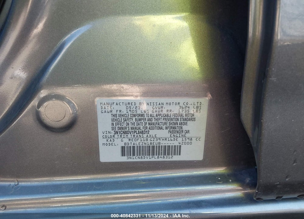 2023 NISSAN VERSA 1.6 S XTRONIC CVT VIN: 3N1CN8DV1PL848312