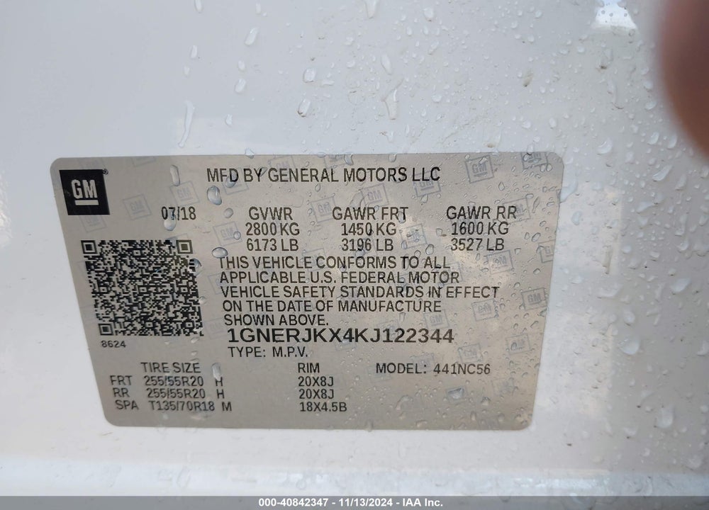2019 CHEVROLET TRAVERSE RS VIN: 1GNERJKX4KJ122344