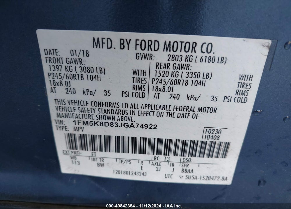 2018 FORD EXPLORER XLT VIN: 1FM5K8D83JGA74922