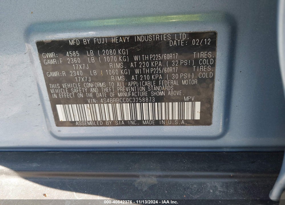 2012 SUBARU OUTBACK 2.5I PREMIUM VIN: 4S4BRBCC0C3258873