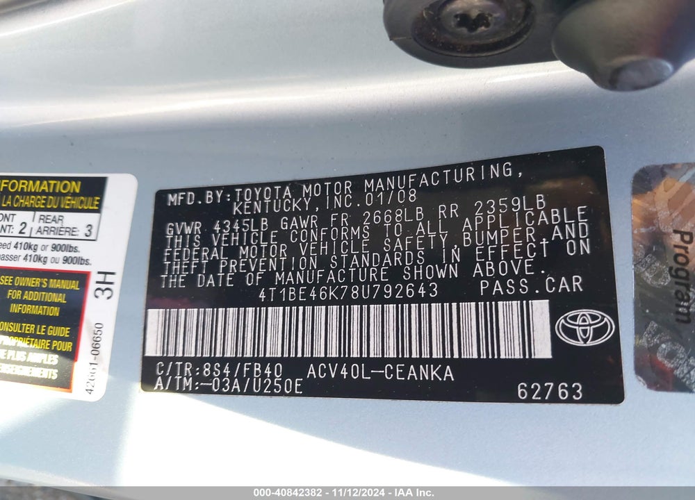 2008 TOYOTA CAMRY LE VIN: 4T1BE46K78U792643