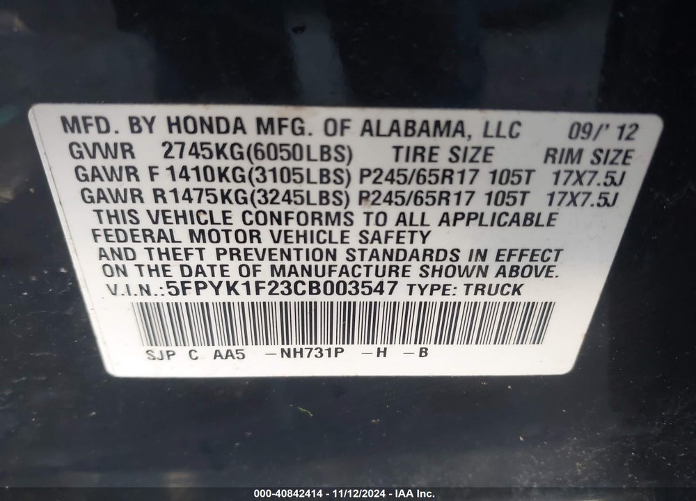 2012 HONDA RIDGELINE RT VIN: 5FPYK1F23CB003547
