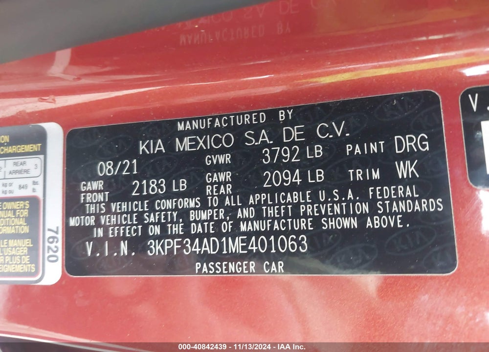 2021 KIA FORTE GT LINE VIN: 3KPF34AD1ME401063