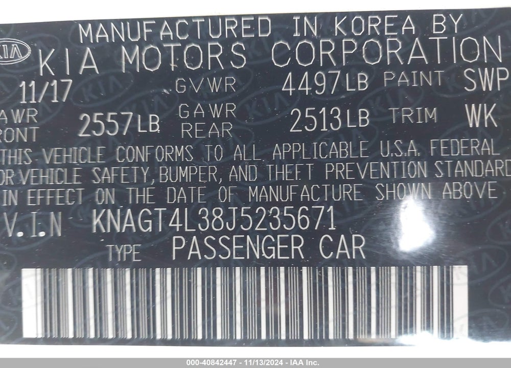 2018 KIA OPTIMA LX VIN: KNAGT4L38J5235671