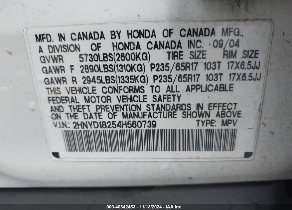 2004 ACURA MDX VIN: 2HNYD18254H560739