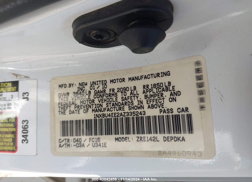 2010 TOYOTA COROLLA LE VIN: 1NXBU4EE2AZ335243