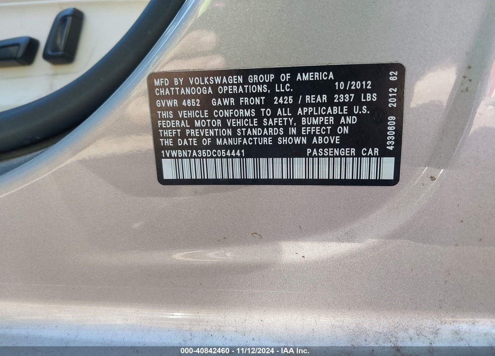 2013 VOLKSWAGEN PASSAT 2.0L TDI SE VIN: 1VWBN7A35DC054441