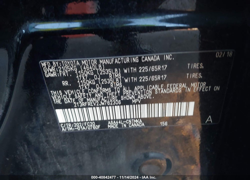 2018 TOYOTA RAV4 VIN: 2T3RFREV2JW762306