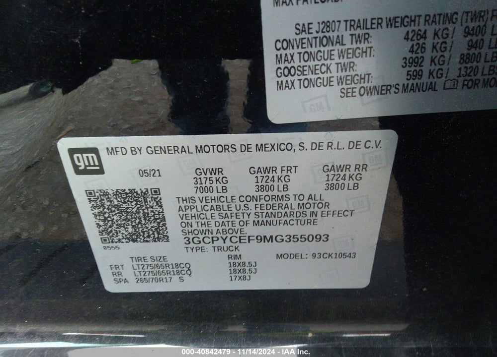 2021 CHEVROLET SILVERADO 1500 4WD SHORT BED CUSTOM TRAIL BOSS VIN: 3GCPYCEF9MG355093
