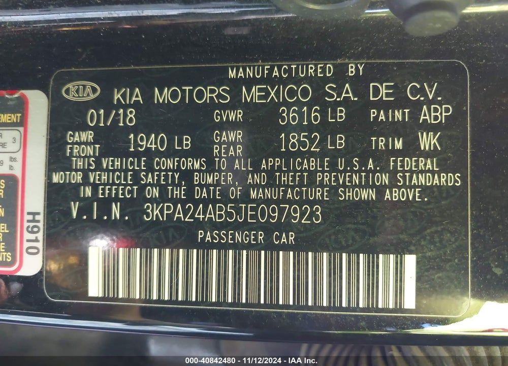 2018 KIA RIO S VIN: 3KPA24AB5JE097923
