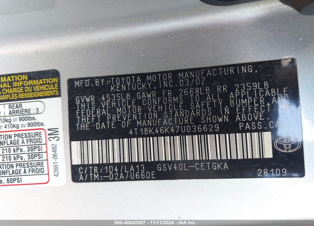 2007 TOYOTA CAMRY XLE V6 VIN: 4T1BK46K47U036629