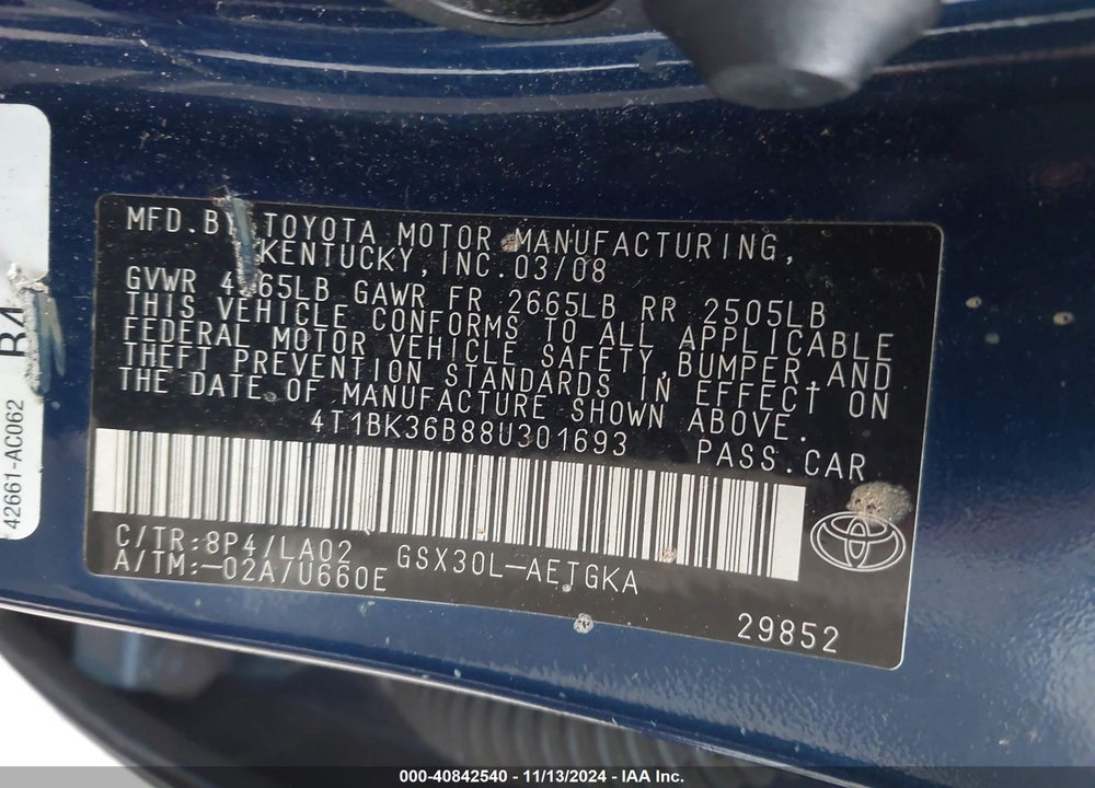 2008 TOYOTA AVALON XLS VIN: 4T1BK36B88U301693