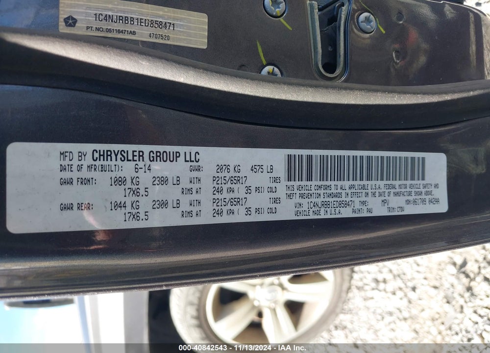 2014 JEEP PATRIOT SPORT VIN: 1C4NJRBB1ED858471