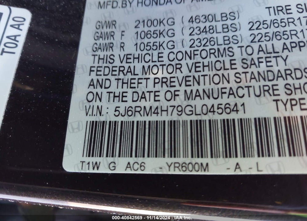 2016 HONDA CR-V EX-L VIN: 5J6RM4H79GL045641