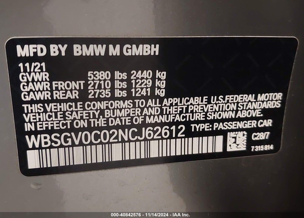 2022 BMW M8 GRAN COUPE COMPETITION VIN: WBSGV0C02NCJ62612