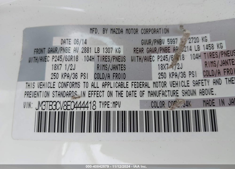 2014 MAZDA CX-9 TOURING VIN: JM3TB3CV8E0444418