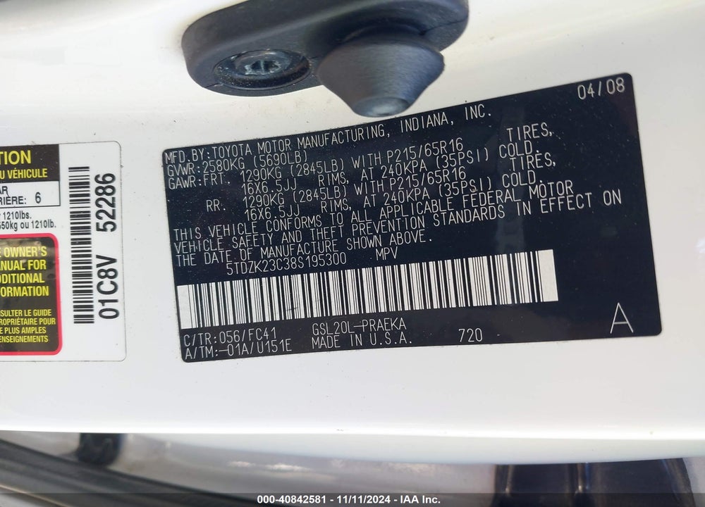 2008 TOYOTA SIENNA LE VIN: 5TDZK23C38S195300