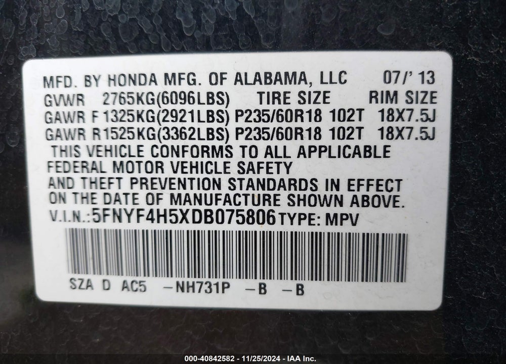 2013 HONDA PILOT EX-L VIN: 5FNYF4H5XDB075806