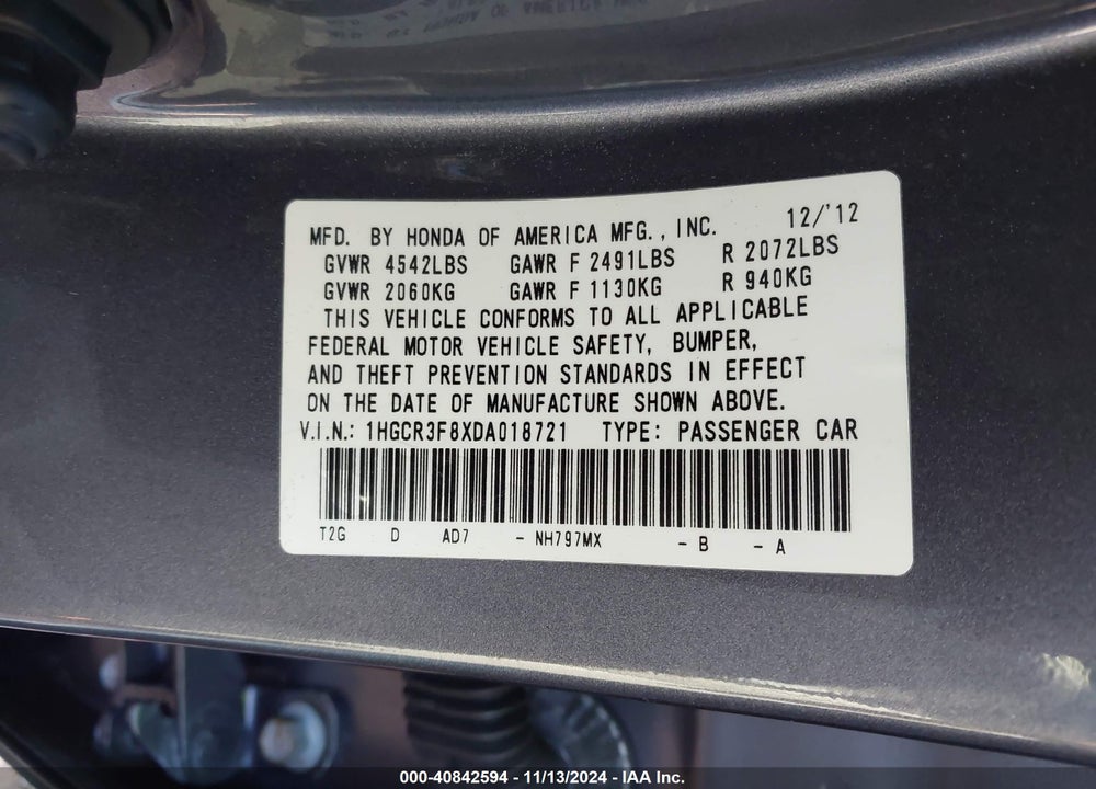 2013 HONDA ACCORD EX-L V-6 VIN: 1HGCR3F8XDA018721