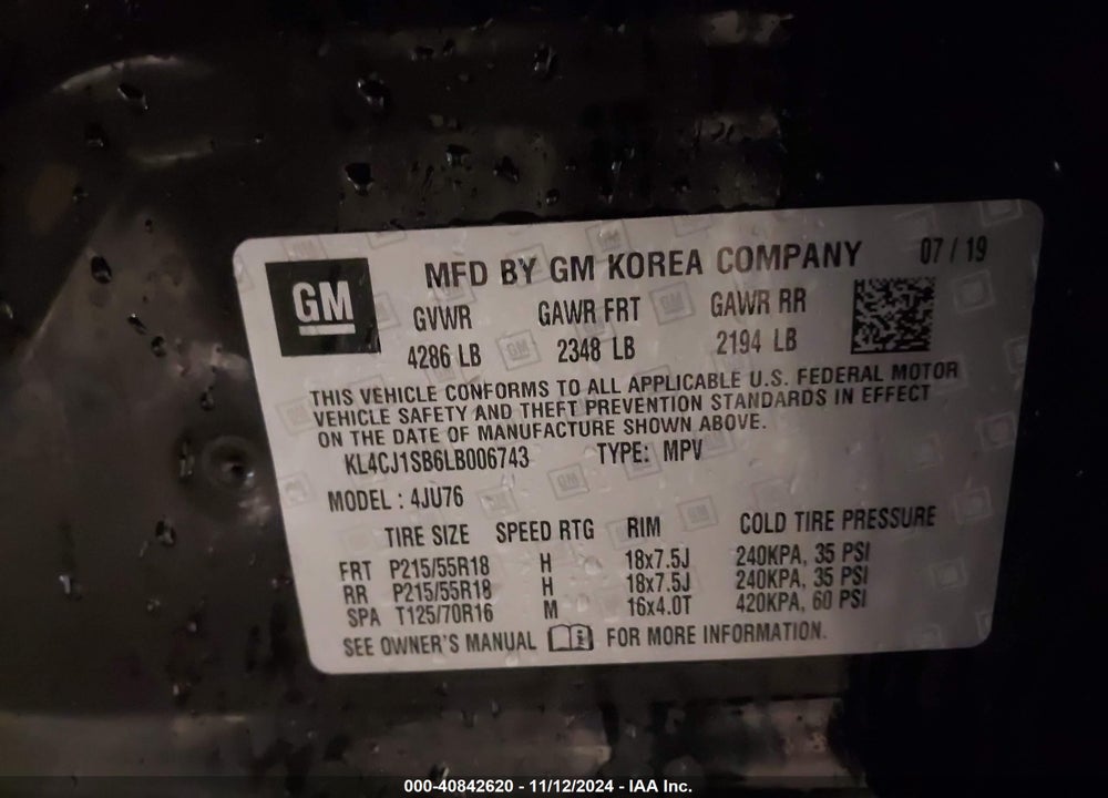 2020 BUICK ENCORE FWD SPORT TOURING VIN: KL4CJ1SB6LB006743