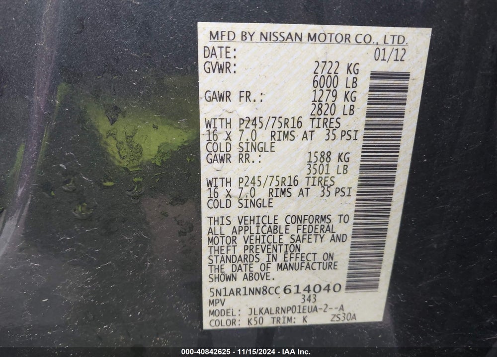 2012 NISSAN PATHFINDER S VIN: 5N1AR1NN8CC614040
