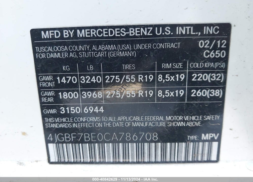 2012 MERCEDES-BENZ GL 450 4MATIC VIN: 4JGBF7BE0CA786708