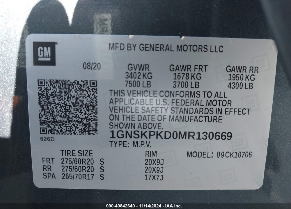 2021 CHEVROLET TAHOE VIN: 1GNSKPKD0MR130669