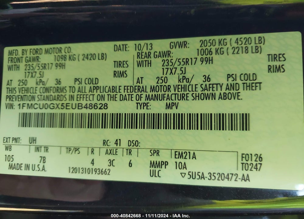 2014 FORD ESCAPE SE VIN: 1FMCU0GX5EUB48628