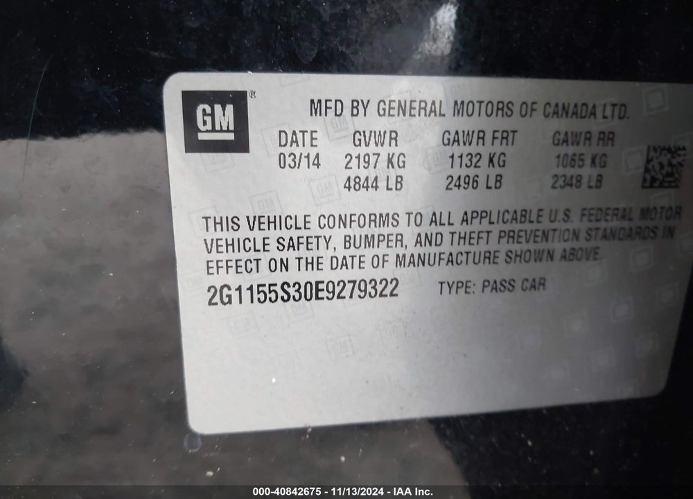 2014 CHEVROLET IMPALA 2LZ VIN: 2G1155S30E9279322