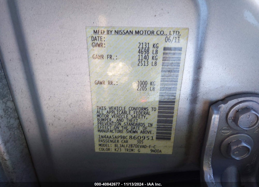 2011 NISSAN MAXIMA 3.5 SV VIN: 1N4AA5AP9BC860951