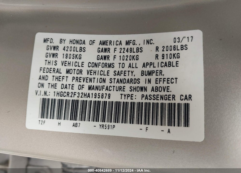2017 HONDA ACCORD LX VIN: 1HGCR2F32HA195879