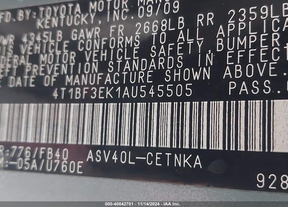 2010 TOYOTA CAMRY LE VIN: 4T1BF3EK1AU545505