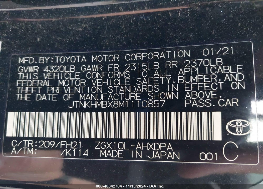 2021 TOYOTA C-HR LE VIN: JTNKHMBX8M1110857
